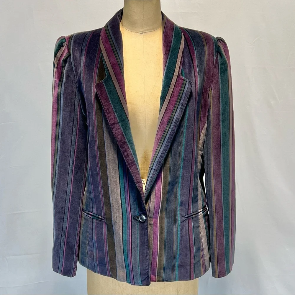VINTAGE velvet moody jewel tone stripe blazer suit coat womens tailored 80s - Picture 8 of 12
